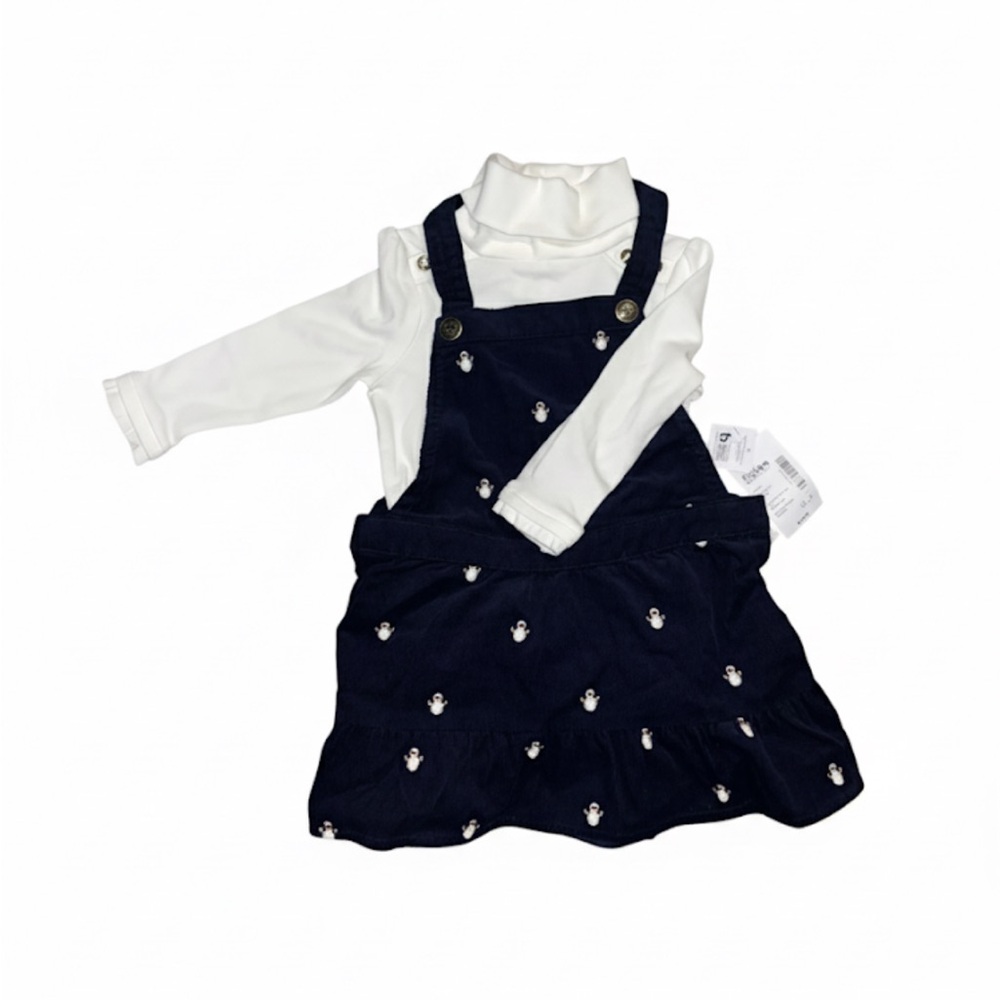 Gymboree Navy Penguin Overall Dress with White Turtleneck Top